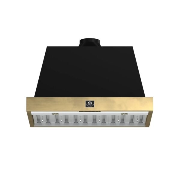 FORNO Espresso Vittorio 36″ 600 CFM Wall Mount Range Hood in Black and Antique Brass Trim with Remote Control, FRHWM5078-36BLK