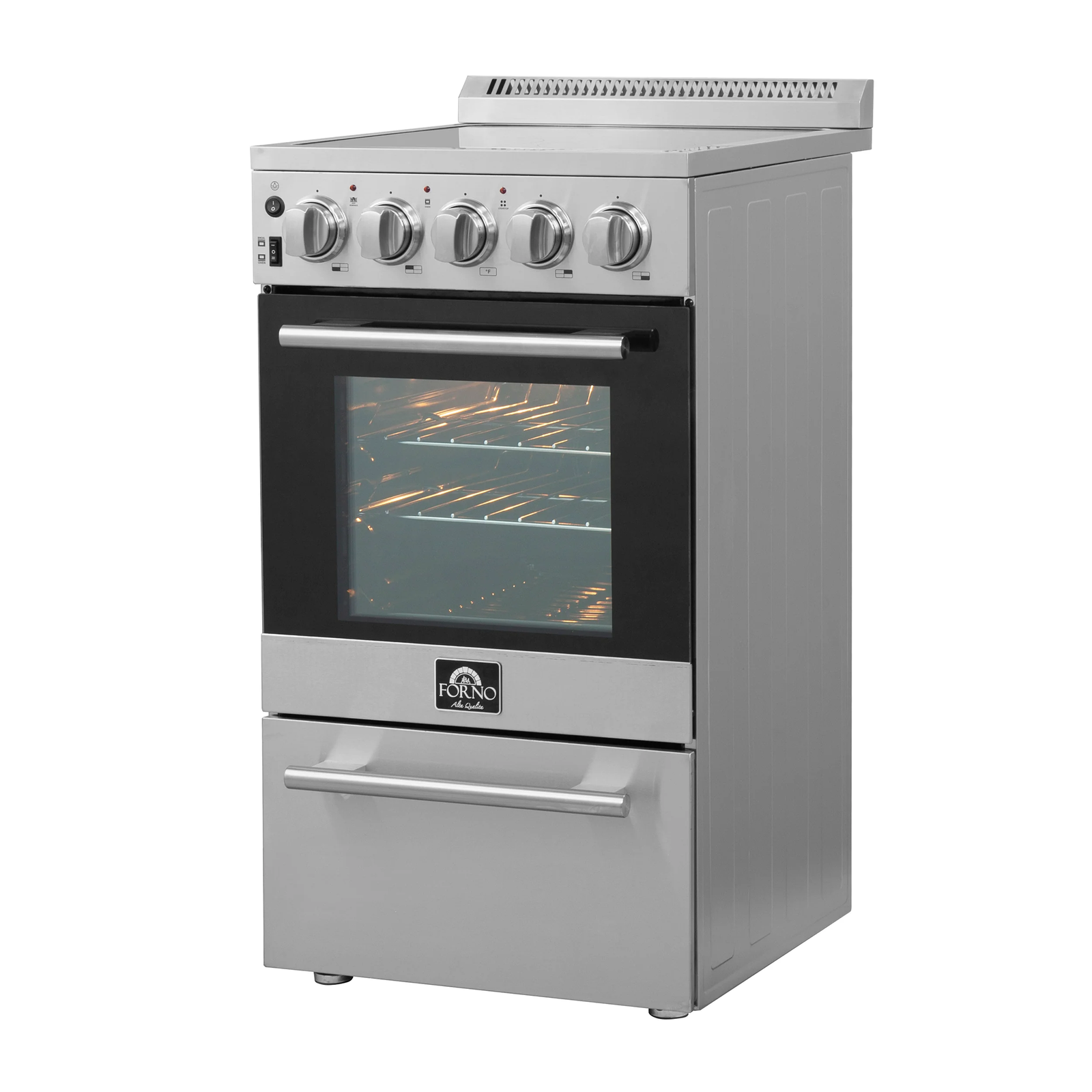 imageye___-_imgi_482_FFSEL6052-20AngleOvenLightOpen.png Forno Pallerno 20 in. Freestanding Electric Range, 2.05 cu. ft., 4 Elements, Stainless Steel (Model FFSEL6052-20) - Image 1